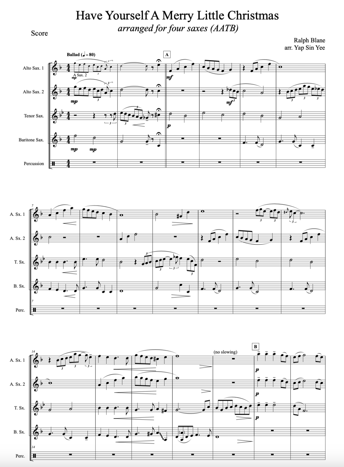 Have Yourself a Merry Christmas (for Saxophone Quartet AATB)
