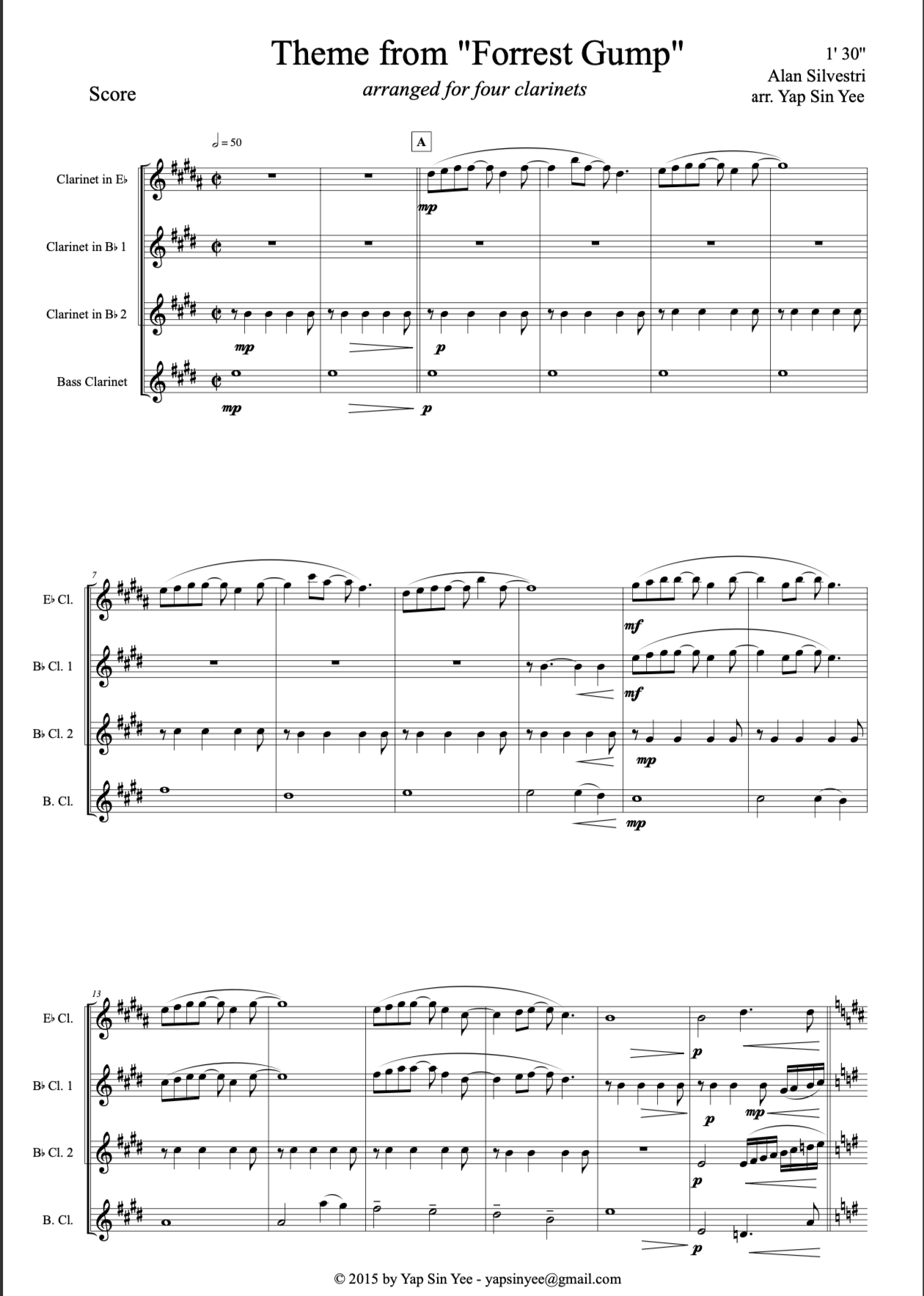 Theme Song from Forrest Gump (for Clarinet Quartet)