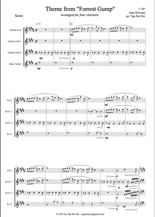 Theme Song from Forrest Gump (for Clarinet Quartet)