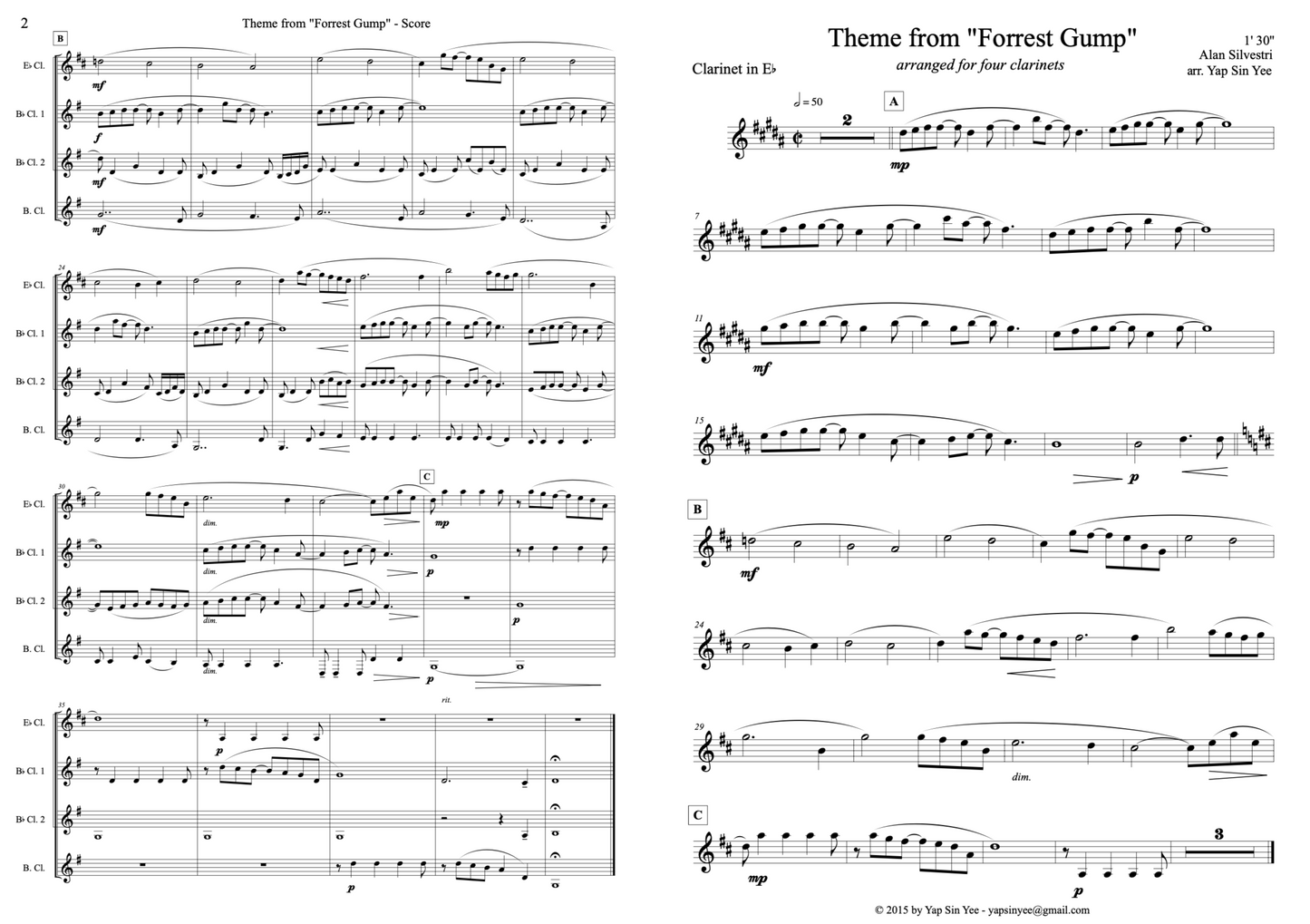 Theme Song from Forrest Gump (for Clarinet Quartet)