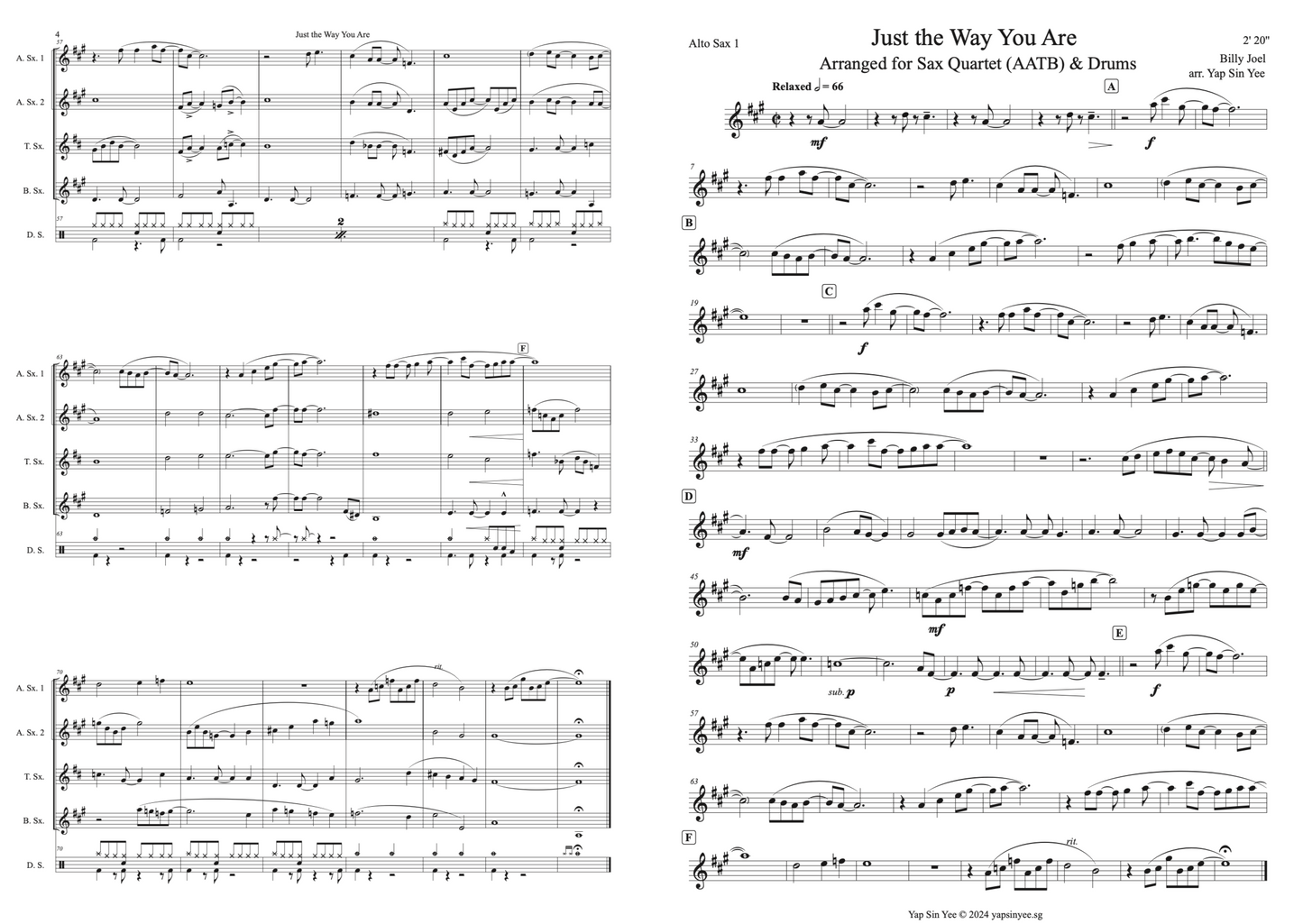 Just the Way You Are (for Saxophone Quartet AATB)