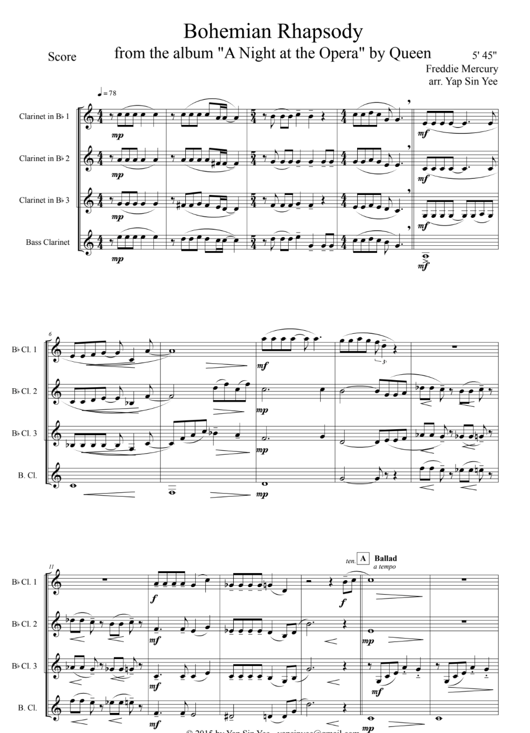 Bohemian Rhapsody (for Clarinet Quartet)