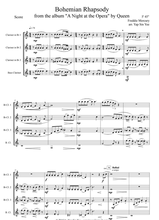 Bohemian Rhapsody (for Clarinet Quartet)