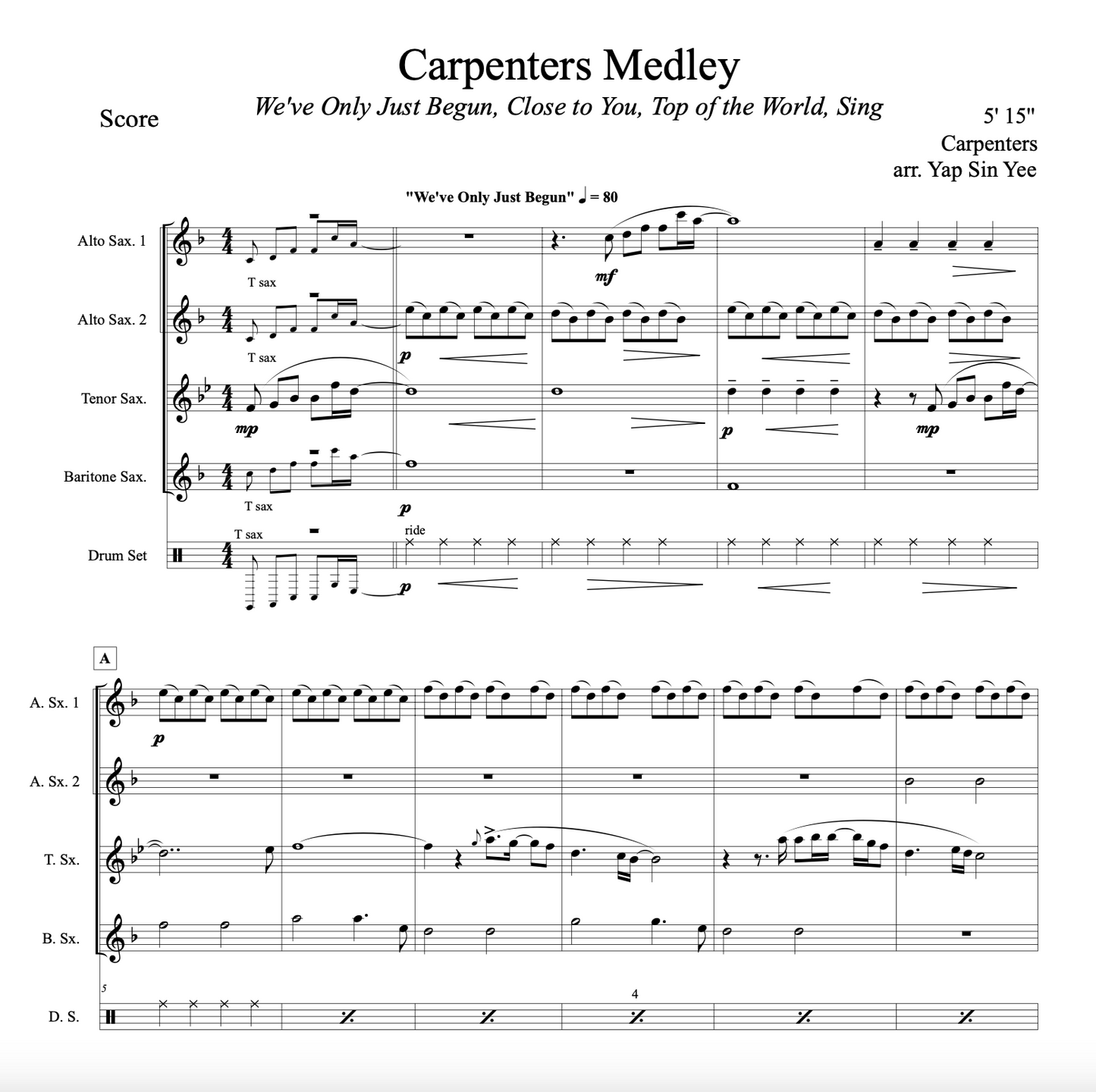 Carpenters Medley (for Saxophone Quartet AATB)