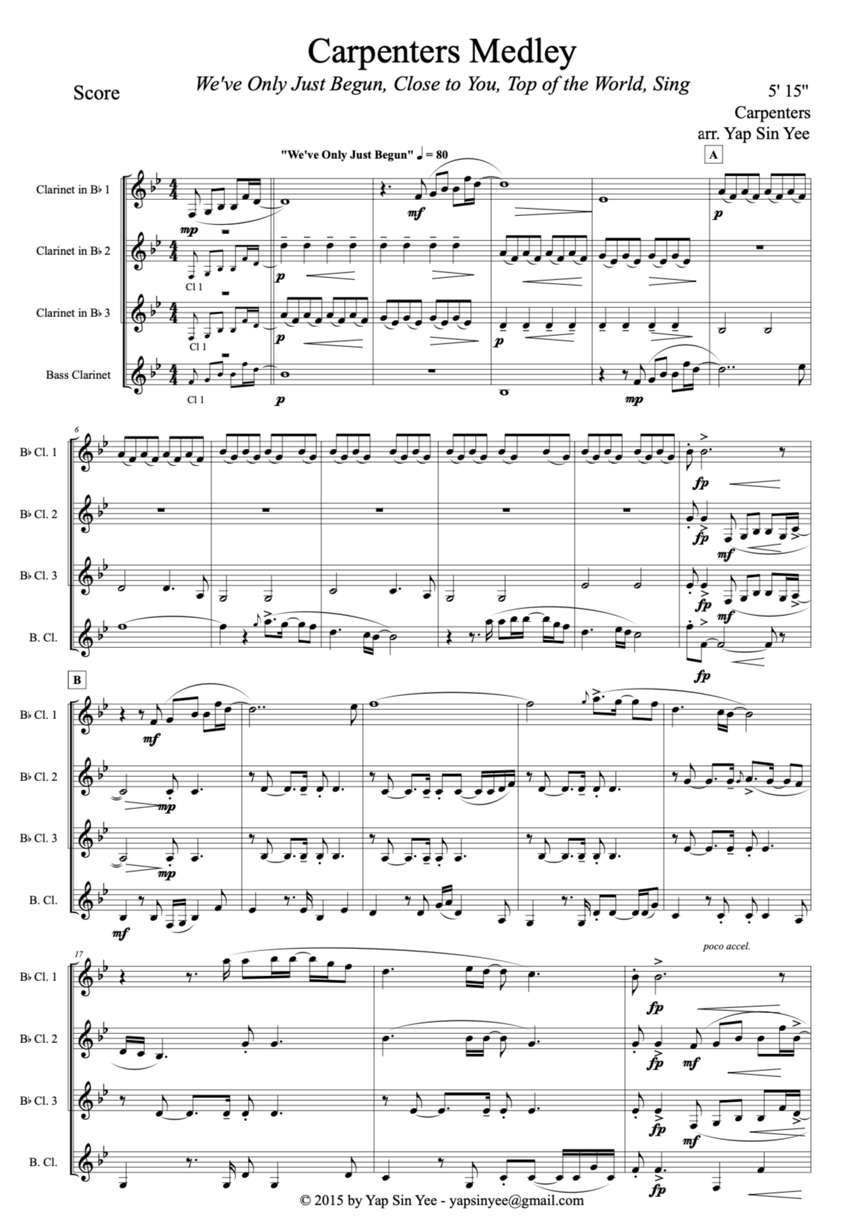 Carpenters Medley (for Clarinet Quartet)